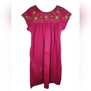 Vintage La Javabe Fuchsia Pink Embroidered Tunic Dress Pockets Boho M